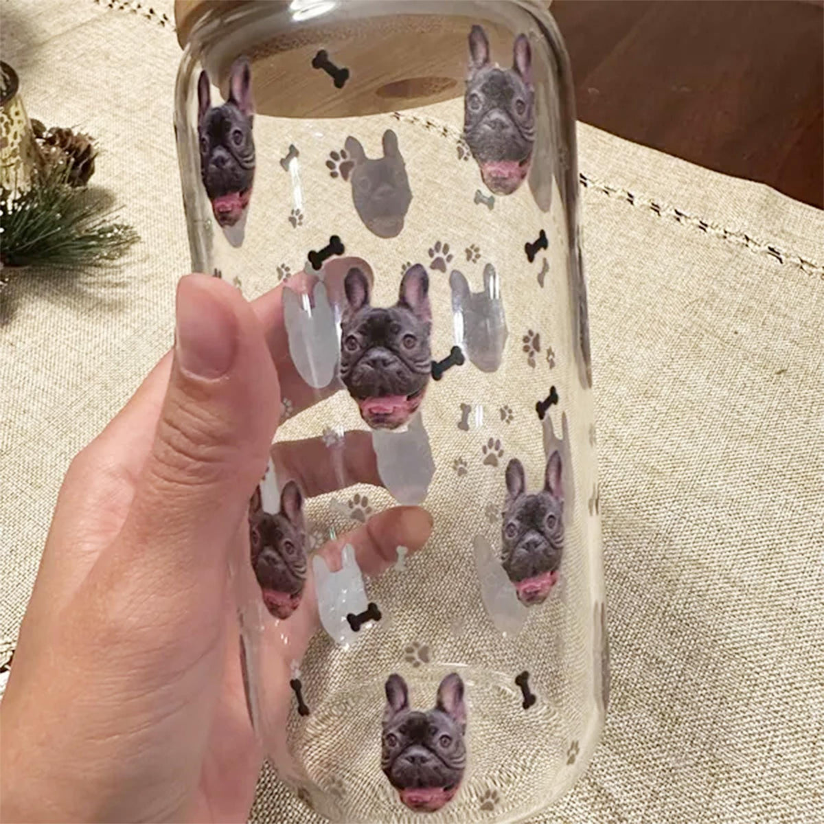 Personalized Dog Glass Beer Can with Bamboo Lid & Straw, Custom Pet Photo Iced Coffee Cup, Custom Cat Glass, Custom Dog Mug, Glass Tumbler