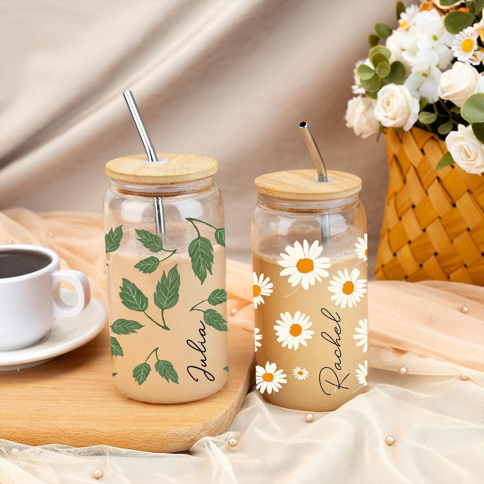 Custom Glass Coffee Cup,Drinkware With Lid And Straw,Travel Mug,Iced Coffee Glass,Bridesmaid Gift,Mother's Day Gift,Graduation Gift For Girl