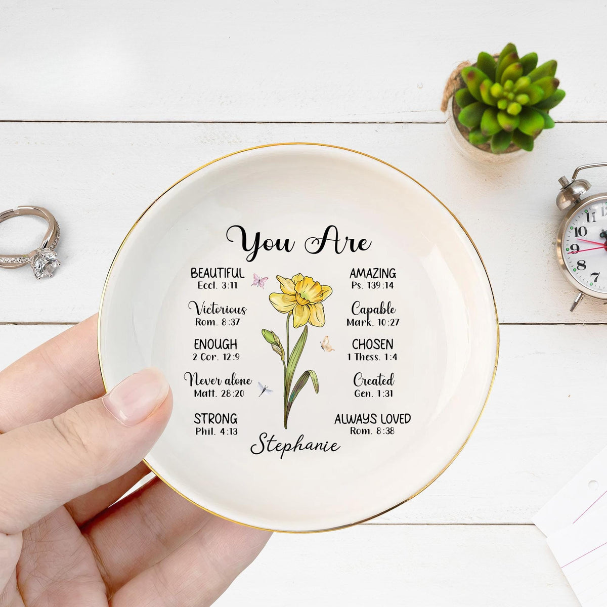 Personalized Bible Verse Jewelry Dish, Birth Flower Ring Dish, Faith Christian Birthday Gift, Mother's Day Gifts For Mom, Christian Gift