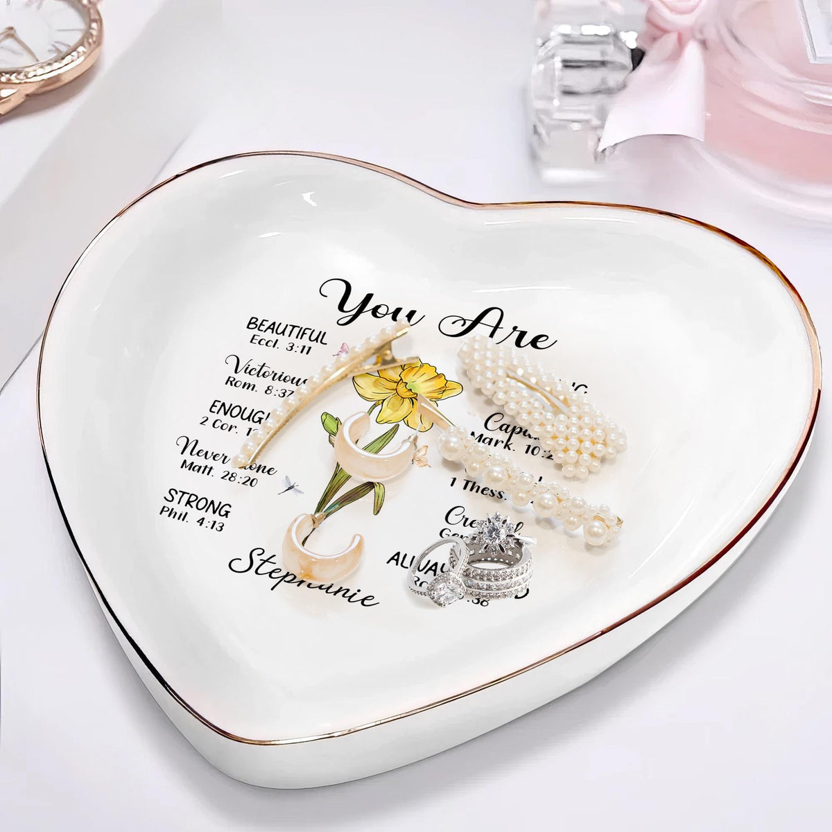 Personalized Bible Verse Jewelry Dish, Birth Flower Ring Dish, Faith Christian Birthday Gift, Mother's Day Gifts For Mom, Christian Gift