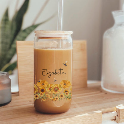 Personalized Sunflower & Bees Floral Iced Coffee Cup, Wildflower Tumbler, Gift For Her