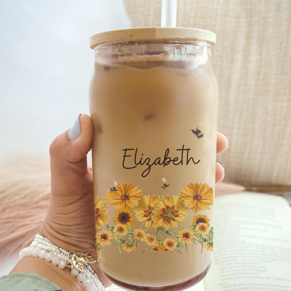Personalized Sunflower & Bees Floral Iced Coffee Cup, Wildflower Tumbler, Gift For Her