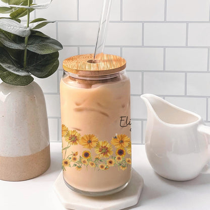 Personalized Sunflower & Bees Floral Iced Coffee Cup, Wildflower Tumbler, Gift For Her