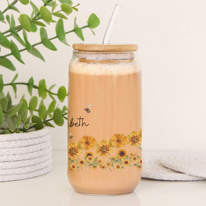 Personalized Sunflower & Bees Floral Iced Coffee Cup, Wildflower Tumbler, Gift For Her