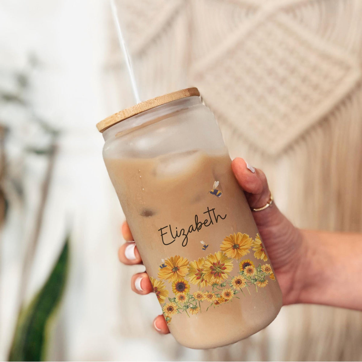Personalized Sunflower & Bees Floral Iced Coffee Cup, Wildflower Tumbler, Gift For Her