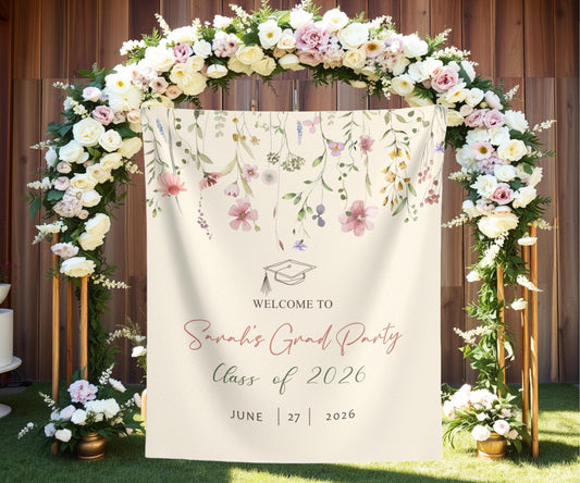 Garden Themed Graduation Photo Backdrop Custom Garden Grad Party Tapestry Graduation Party Wildflower Banner Floral Grad Welcome Sign Decor