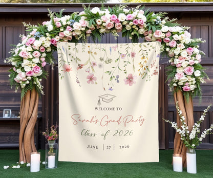 Garden Themed Graduation Photo Backdrop Custom Garden Grad Party Tapestry Graduation Party Wildflower Banner Floral Grad Welcome Sign Decor