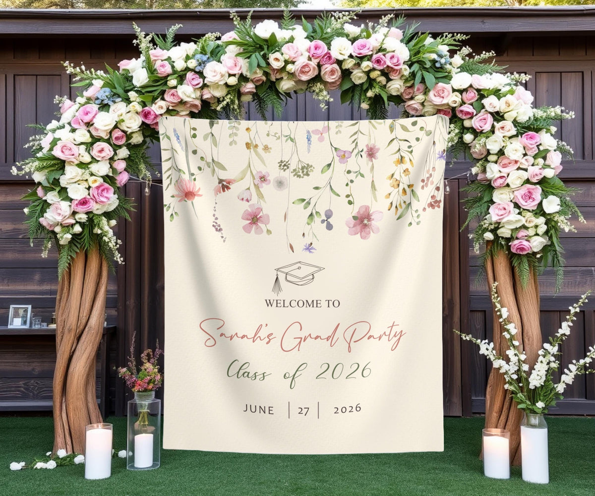 Garden Themed Graduation Photo Backdrop Custom Garden Grad Party Tapestry Graduation Party Wildflower Banner Floral Grad Welcome Sign Decor