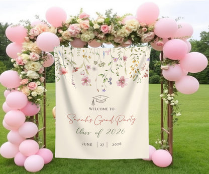 Garden Themed Graduation Photo Backdrop Custom Garden Grad Party Tapestry Graduation Party Wildflower Banner Floral Grad Welcome Sign Decor