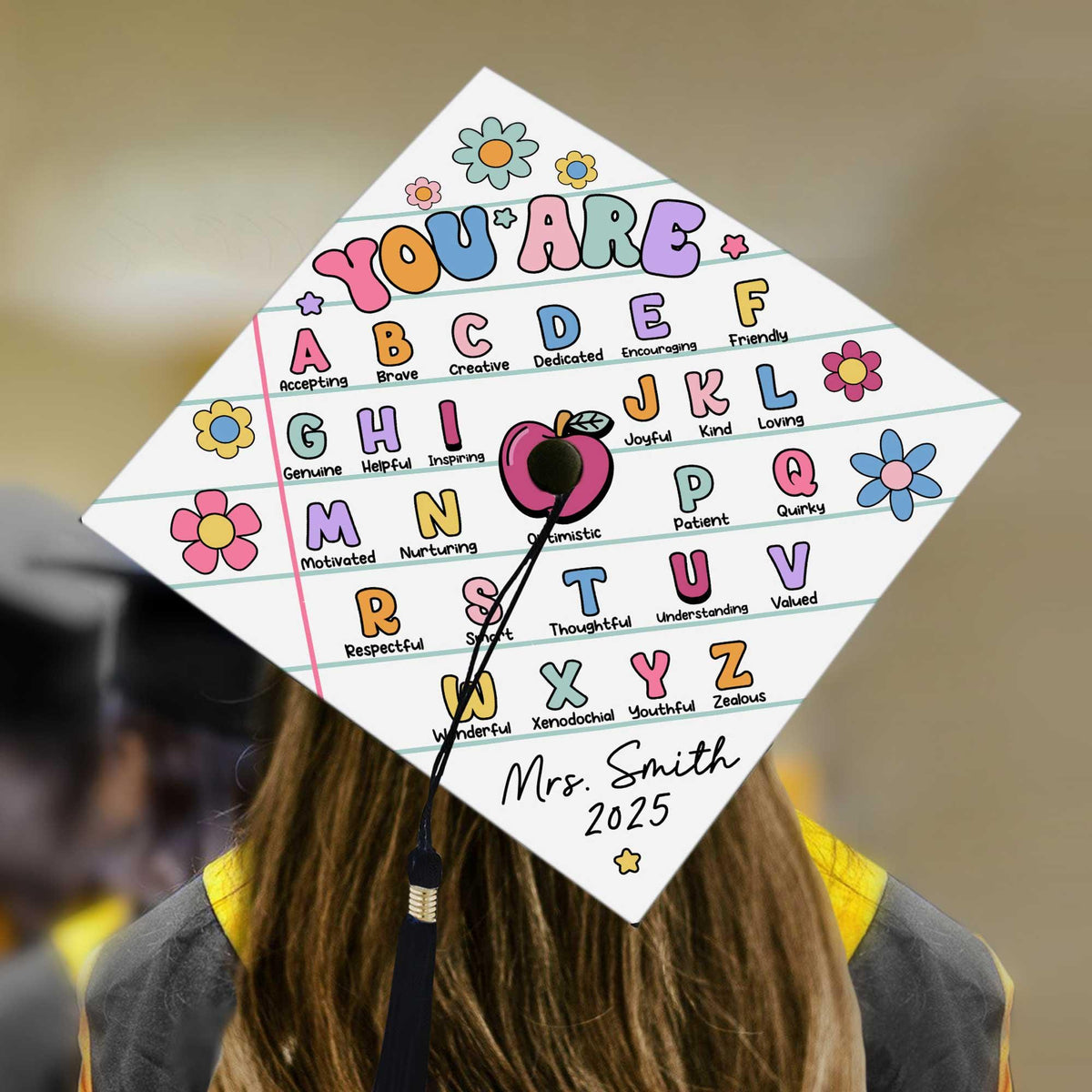 Personalized Teacher Graduation Cap Topper, ABC Affirmation Cap, Alphabet Grad Cap, Class of 2025, Inspirational Gift, Graduation Gifts