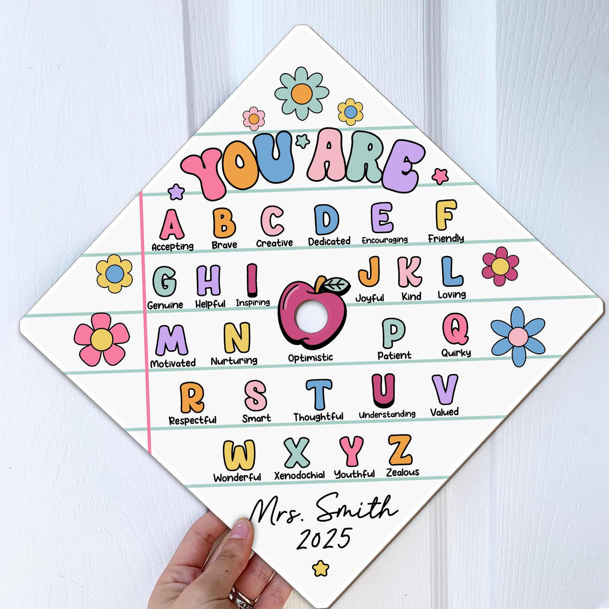 Personalized Teacher Graduation Cap Topper, ABC Affirmation Cap, Alphabet Grad Cap, Class of 2025, Inspirational Gift, Graduation Gifts