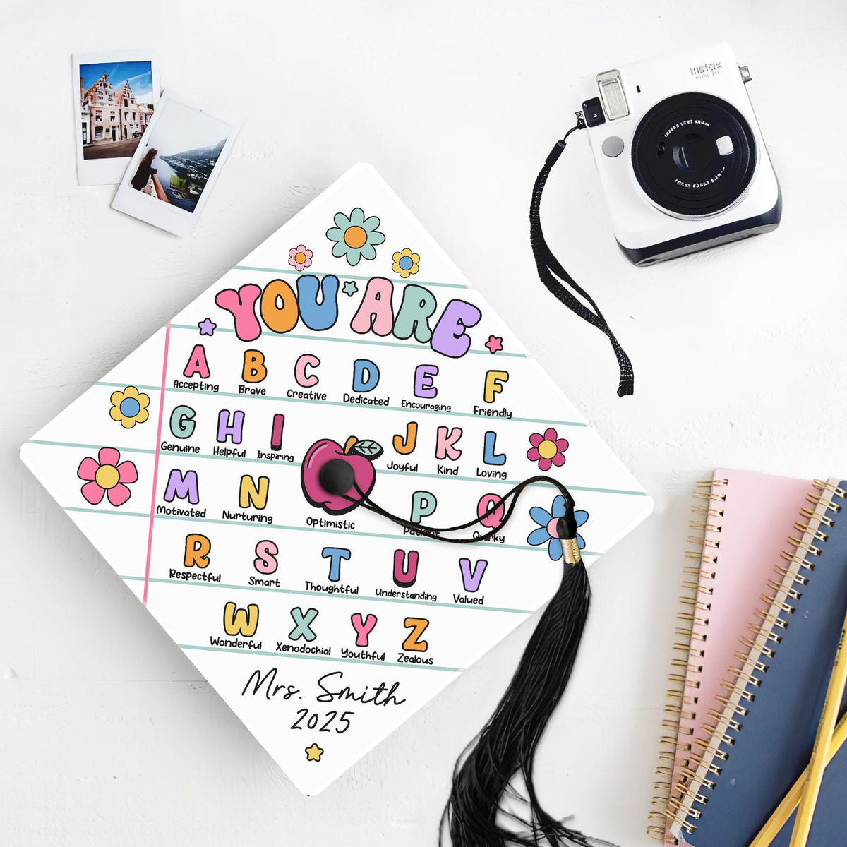 Personalized Teacher Graduation Cap Topper, ABC Affirmation Cap, Alphabet Grad Cap, Class of 2025, Inspirational Gift, Graduation Gifts