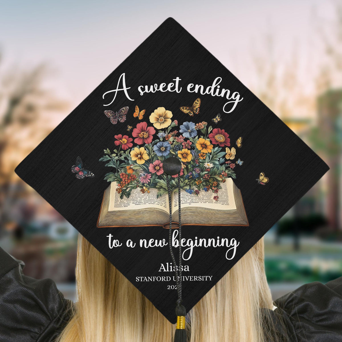 Custom Graduation Cap Topper, Hand-Illustrated Florals, Grad Gift For Her, Class of 2025 College- PHD Graduation, Masters Degree