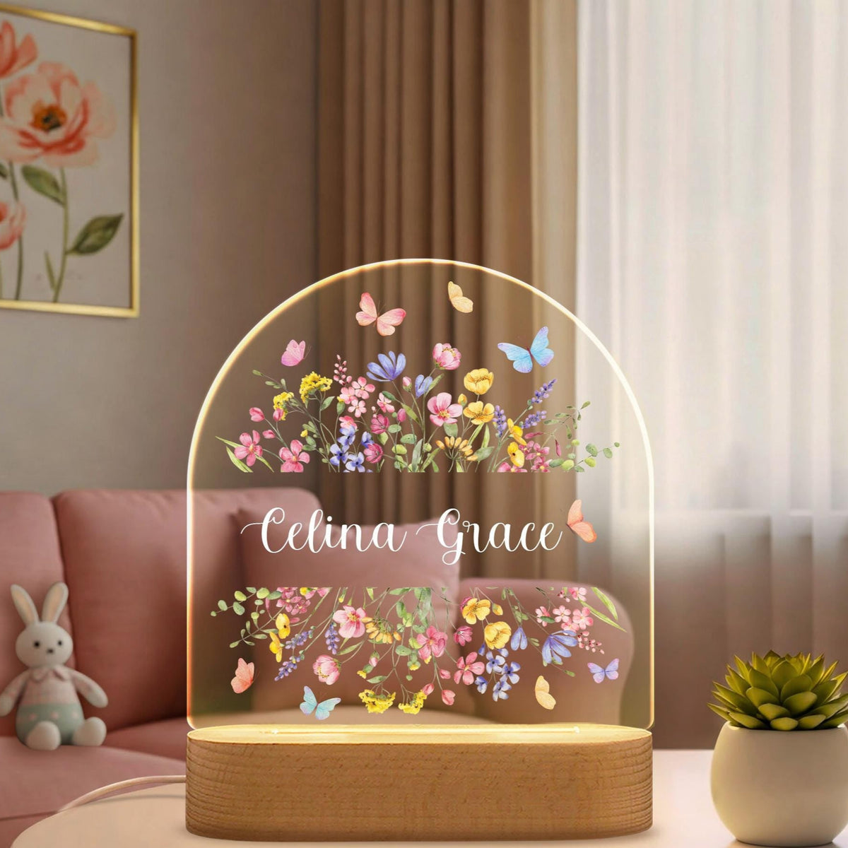 Personalized Butterfly and Flower Baby Night Light Custom Name Bedside Lamp for Girls, Floral Garden Nursery D cor, Birthday Gift for Her