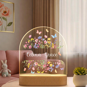 Personalized Butterfly and Flower Baby Night Light Custom Name Bedside Lamp for Girls, Floral Garden Nursery D cor, Birthday Gift for Her