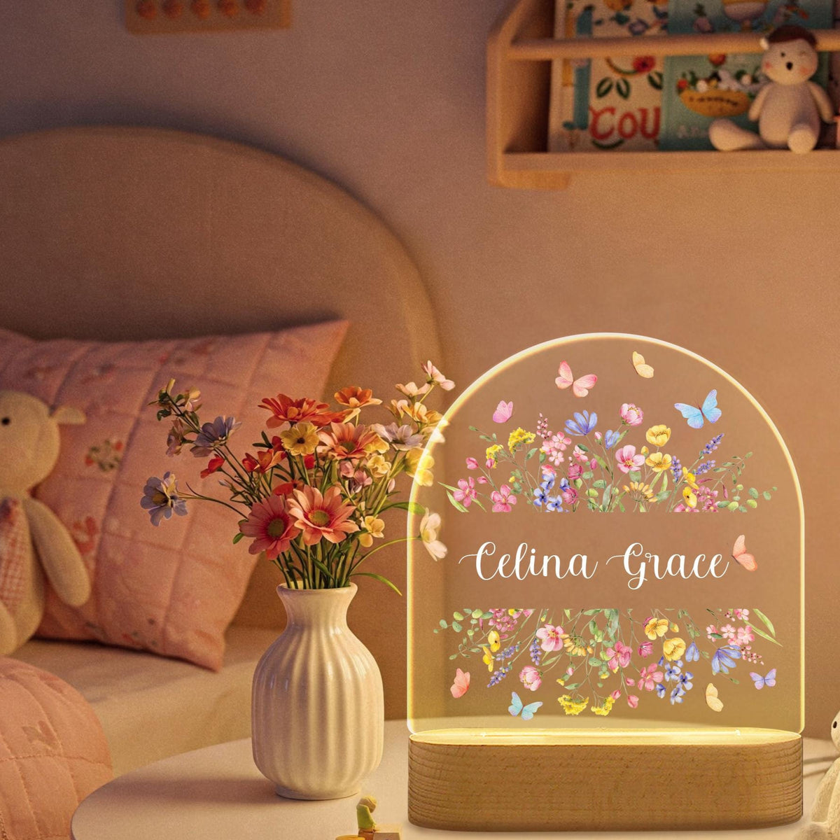 Personalized Butterfly and Flower Baby Night Light Custom Name Bedside Lamp for Girls, Floral Garden Nursery D cor, Birthday Gift for Her