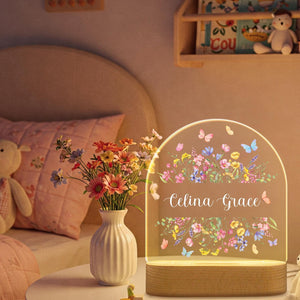Personalized Butterfly and Flower Baby Night Light Custom Name Bedside Lamp for Girls, Floral Garden Nursery D cor, Birthday Gift for Her