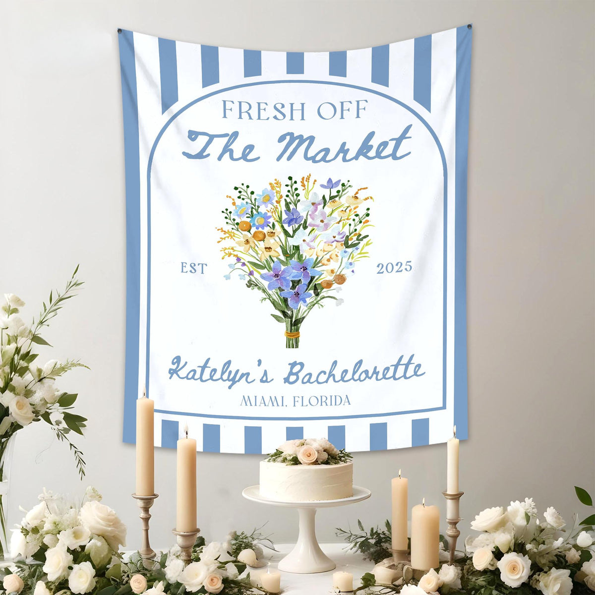 Fresh Off The Market Bachelorette Tapestry, Custom Farmer's Market Bridal Shower, Flowers Bachelorette Banner Party Decor, Bridal Backdrop
