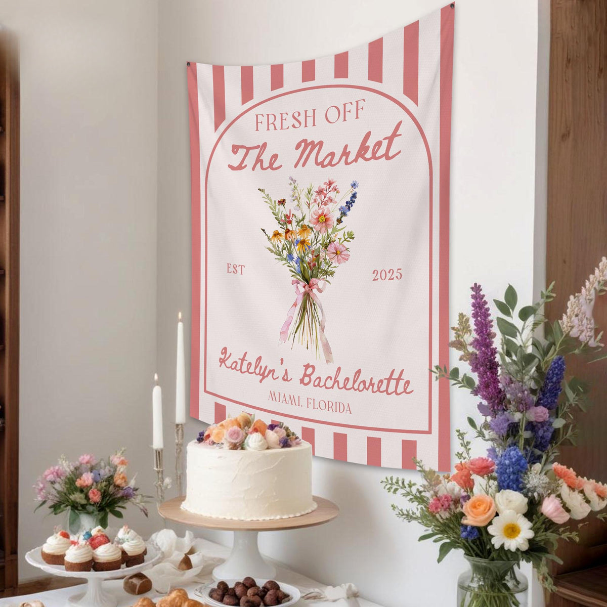 Fresh Off The Market Bachelorette Tapestry, Custom Farmer's Market Bridal Shower, Flowers Bachelorette Banner Party Decor, Bridal Backdrop