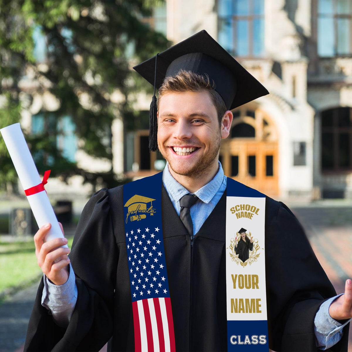 Custom Graduation Stole Class of 2025 Customized Congratulations Sash with Photo Name School Graduation - Customize Graduation Stoles Flag
