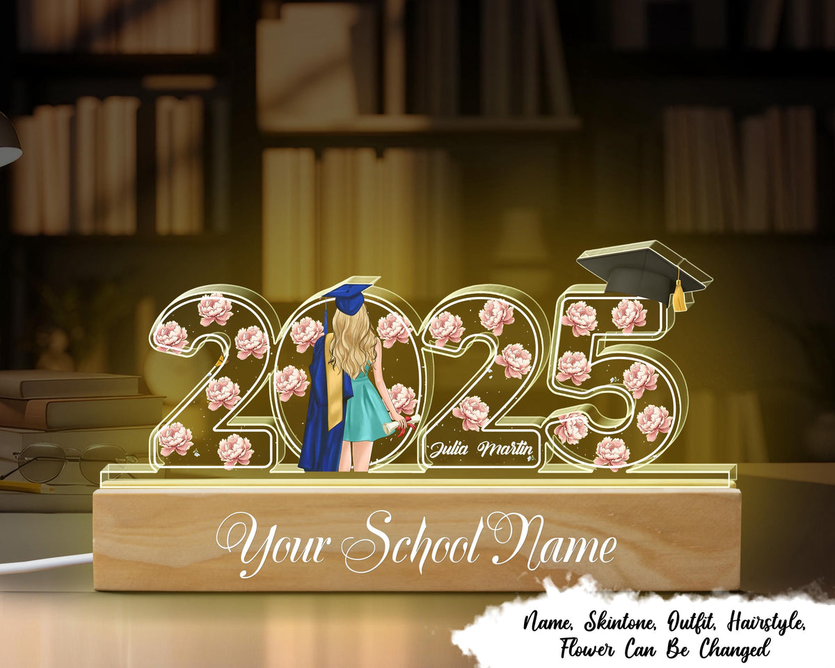 2025 Graduation Senior Birth Month Flowers Personalized Custom Shape Acrylic Block LED Night Light, Graduation Gift, Gift for Grads