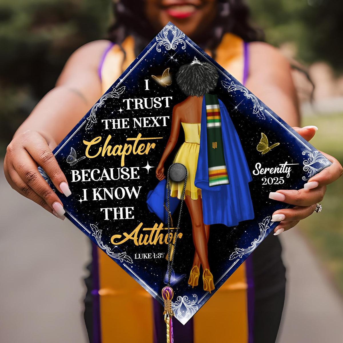 Personalized Religious Graduation Cap Topper with Verses, Black Queen Grad Cap Decoration, Custom Christian Grad Cap