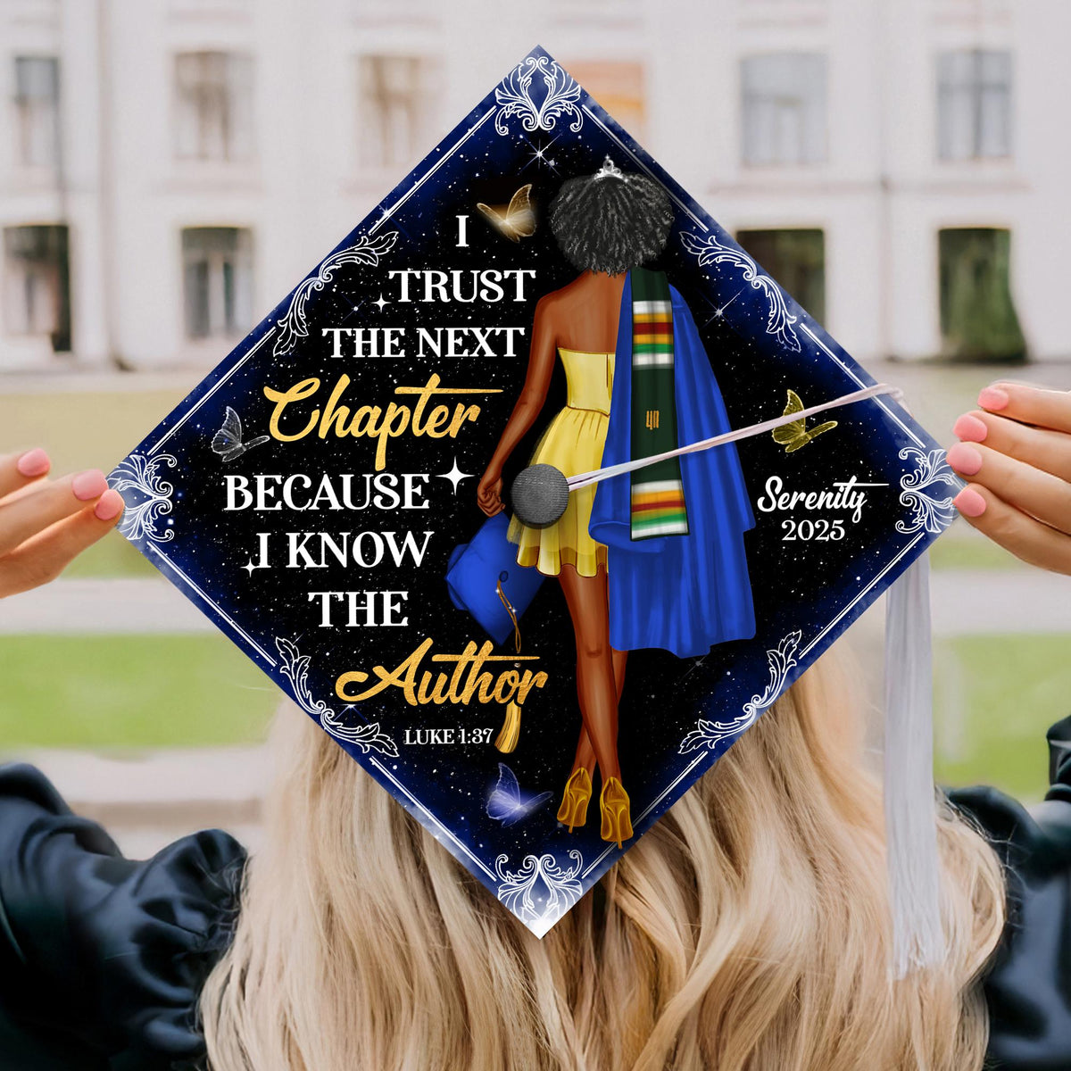 Personalized Religious Graduation Cap Topper with Verses, Black Queen Grad Cap Decoration, Custom Christian Grad Cap