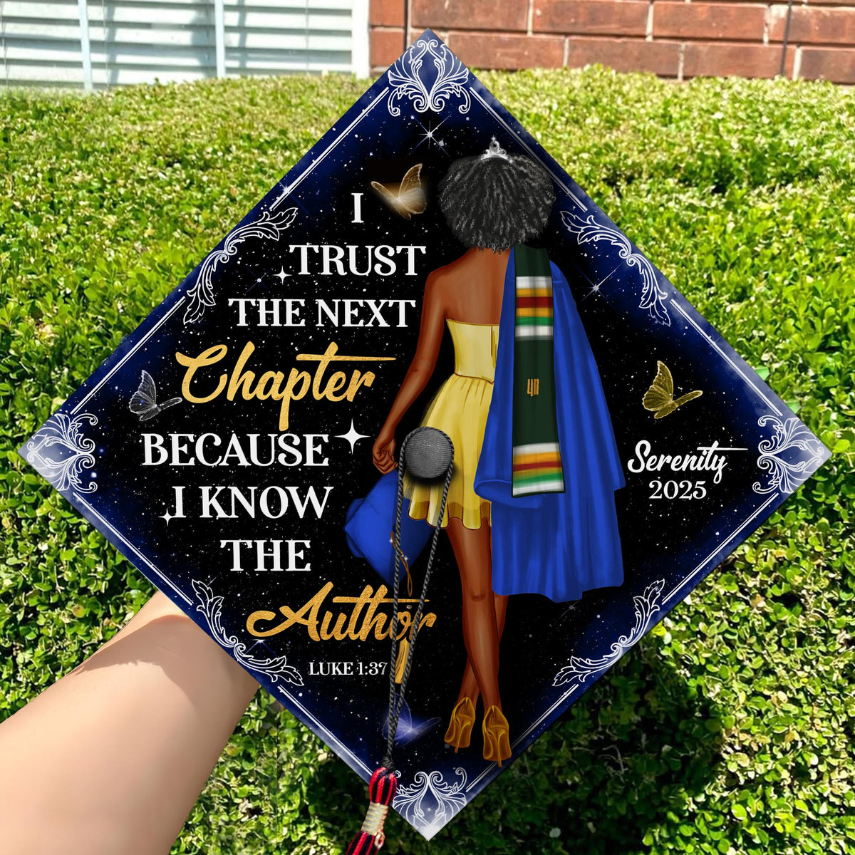 Personalized Religious Graduation Cap Topper with Verses, Black Queen Grad Cap Decoration, Custom Christian Grad Cap