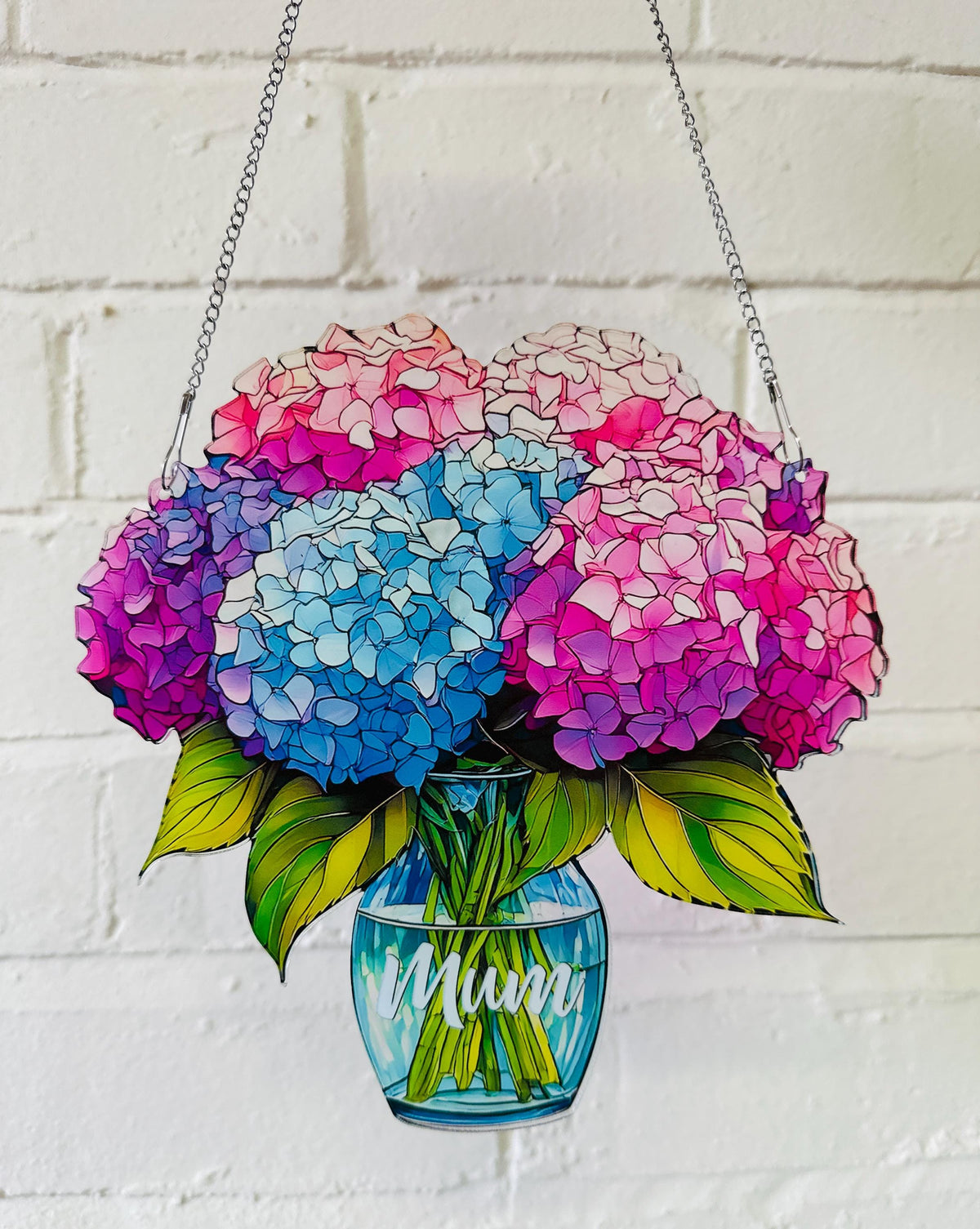 Everlasting Hydrangea in Vase, Personalized Mama, Nana, Grandma, Mimi Gift, Custom Stained Glass Art Suncatchers, Mothers Day Gift