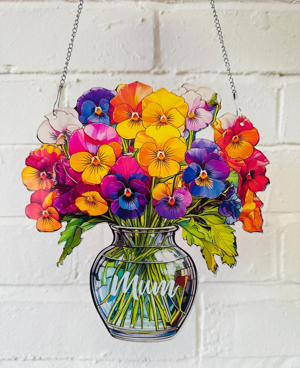 Everlasting Pansies in Vase, Personalized Mama, Nana, Grandma, Mimi Gift, Custom Stained Glass Art Suncatchers, Mothers Day Gift