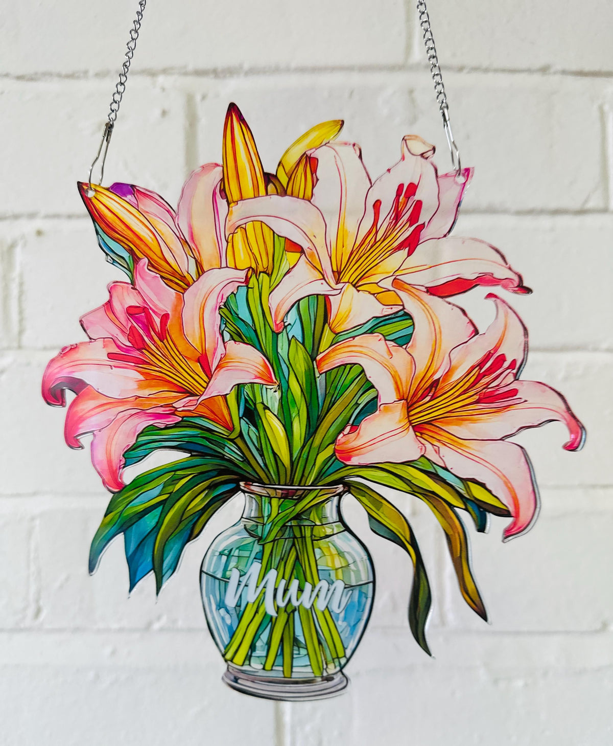 Everlasting Lilys in Vase, Personalized Mama, Nana, Grandma, Mimi Gift, Custom Stained Glass Art Suncatchers, Mothers Day Gift