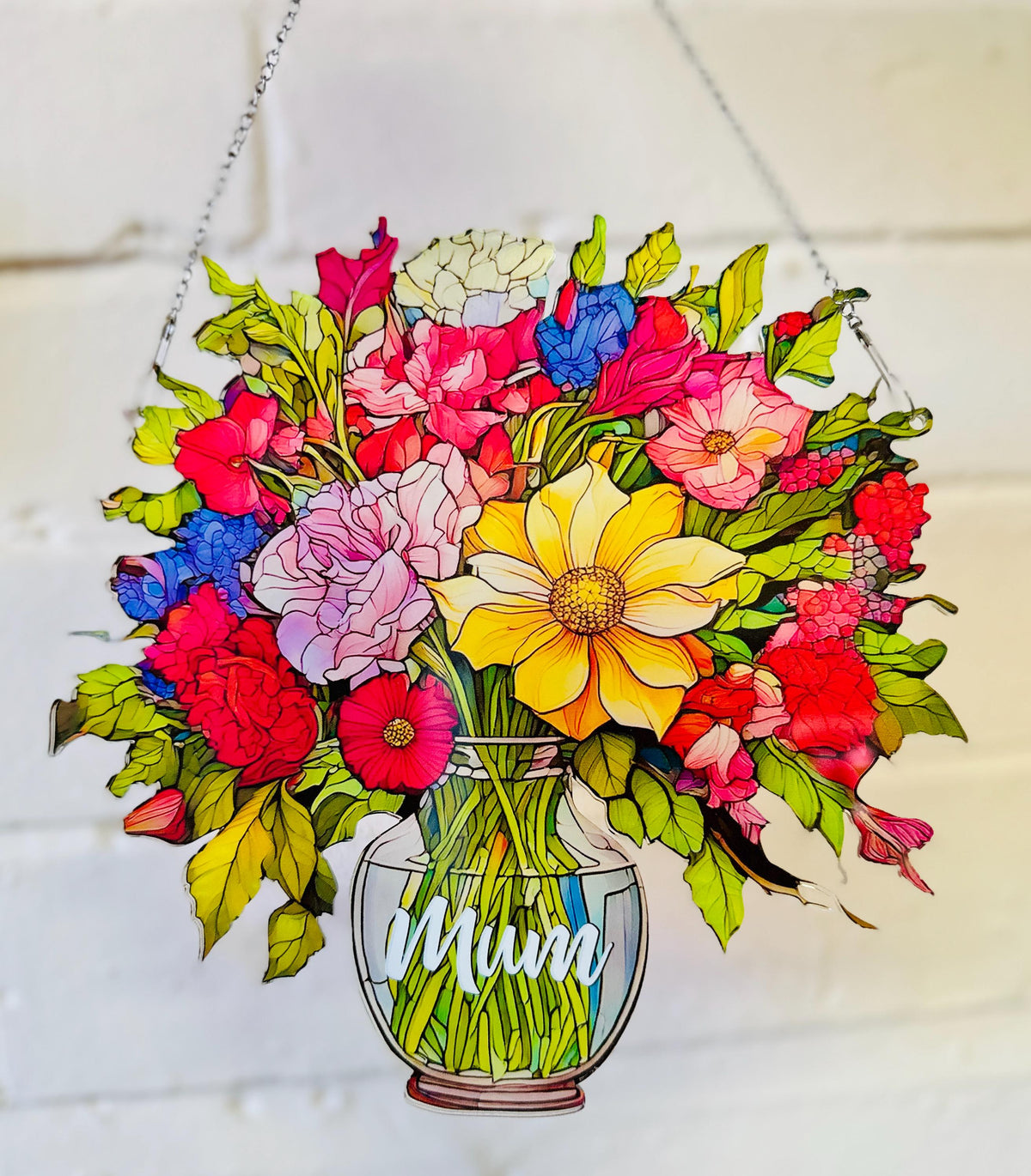 Everlasting Mixed Flowers in Vase, Personalized Mama, Nana, Grandma, Mimi Gift, Custom Stained Glass Art Suncatchers, Mothers Day Gift
