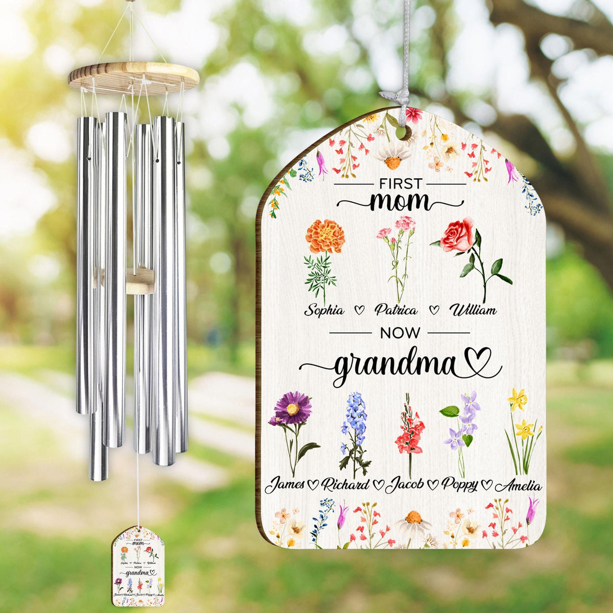 Personalized First Mom Now Grandma Wind Chimes With Children and Grandkids' Names, Birth Month Flower, Gift For Grandma, Mother's Day Gift