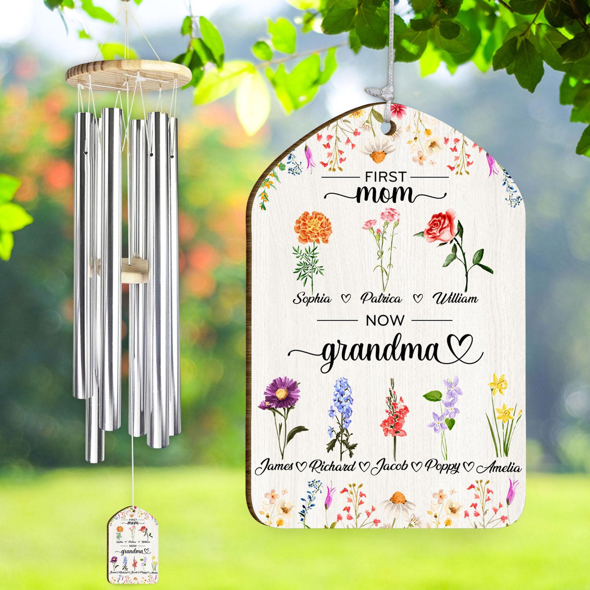 Personalized First Mom Now Grandma Wind Chimes With Children and Grandkids' Names, Birth Month Flower, Gift For Grandma, Mother's Day Gift