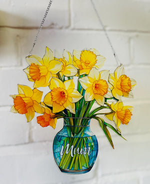 Everlasting Daffodils in Vase, Personalized Mama, Nana, Grandma, Mimi Gift, Custom Stained Glass Art Suncatchers, Mothers Day Gift