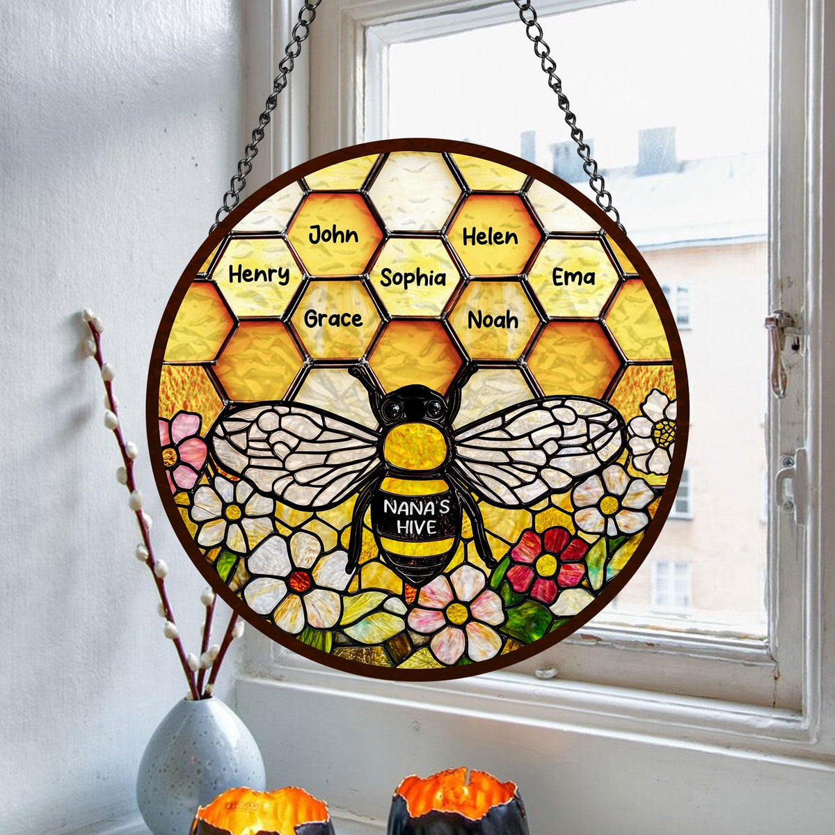 Custom Grandma's Garden Bee, Personalized Stained Glass Window Hanging Suncatcher, Custom Kids Name, Mother's Day Gift, Nana s Blessings
