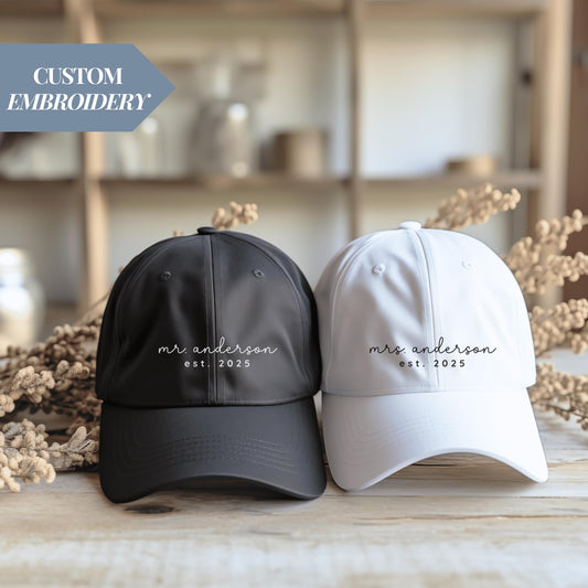 Personalized Mrs Hat Custom Wedding Gift Newlywed Gift Idea Wedding Date Hat Bride Accessory Anniversary Gift Custom Honeymoon Hat Bridal