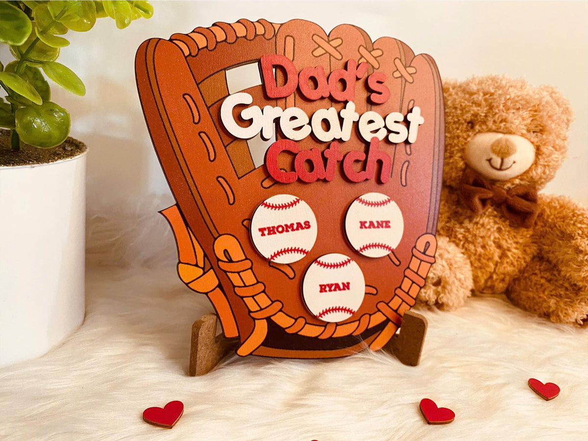 Personalized Dad's Greatest Catch Sign, Kid's Name Personalized Throwing Ball, Active Sports, Great Ball Catcher, Gift for Dad