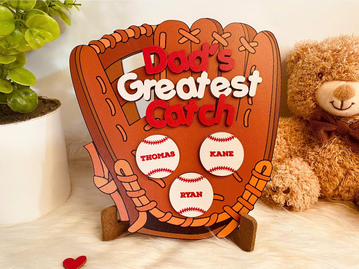 Personalized Dad's Greatest Catch Sign, Kid's Name Personalized Throwing Ball, Active Sports, Great Ball Catcher, Gift for Dad