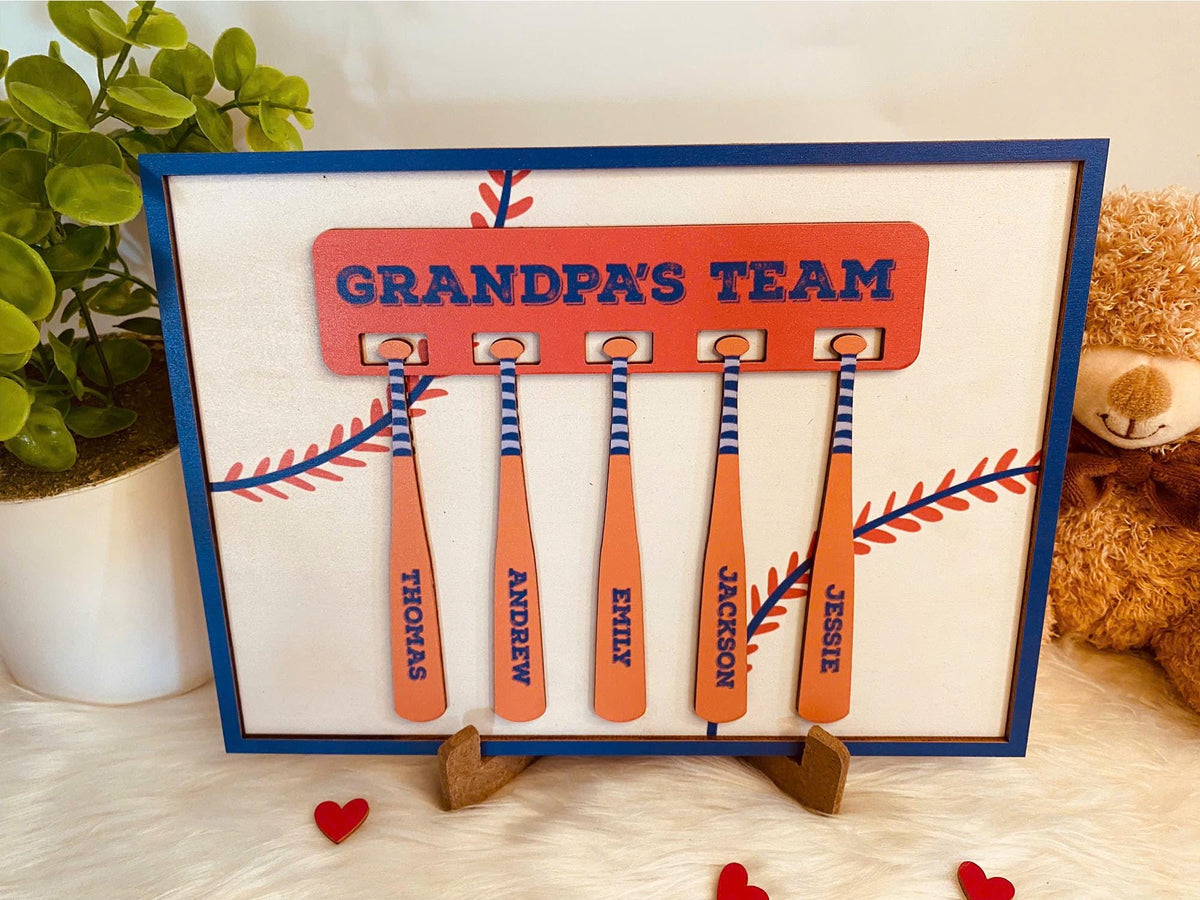 Baseball Grandpa Gift with Grandkids Names Sign, Custom Grandpa's Team Sign, Dad Gifts from Daughter Son, Father's Day Gift, Baseball Coach