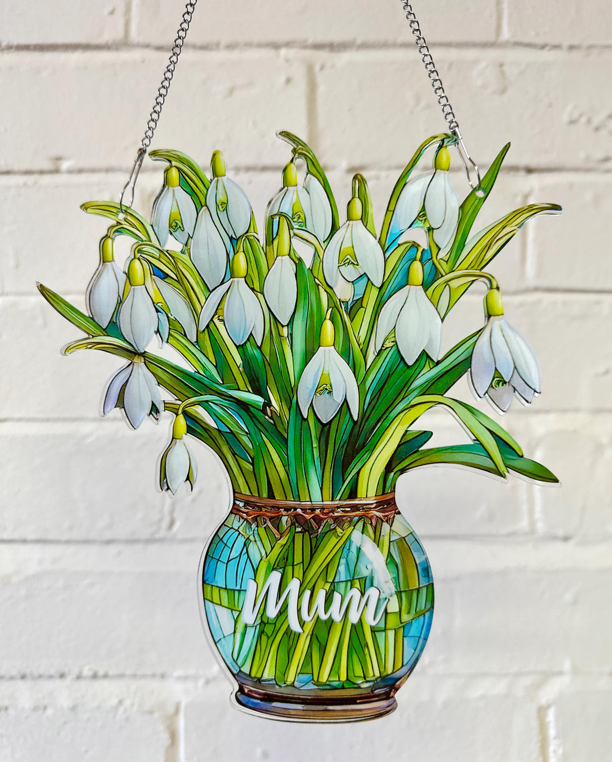 Everlasting Snowdrops in Vase, Personalized Mama, Nana, Grandma, Mimi Gift, Custom Stained Glass Art Suncatchers, Mothers Day Gift