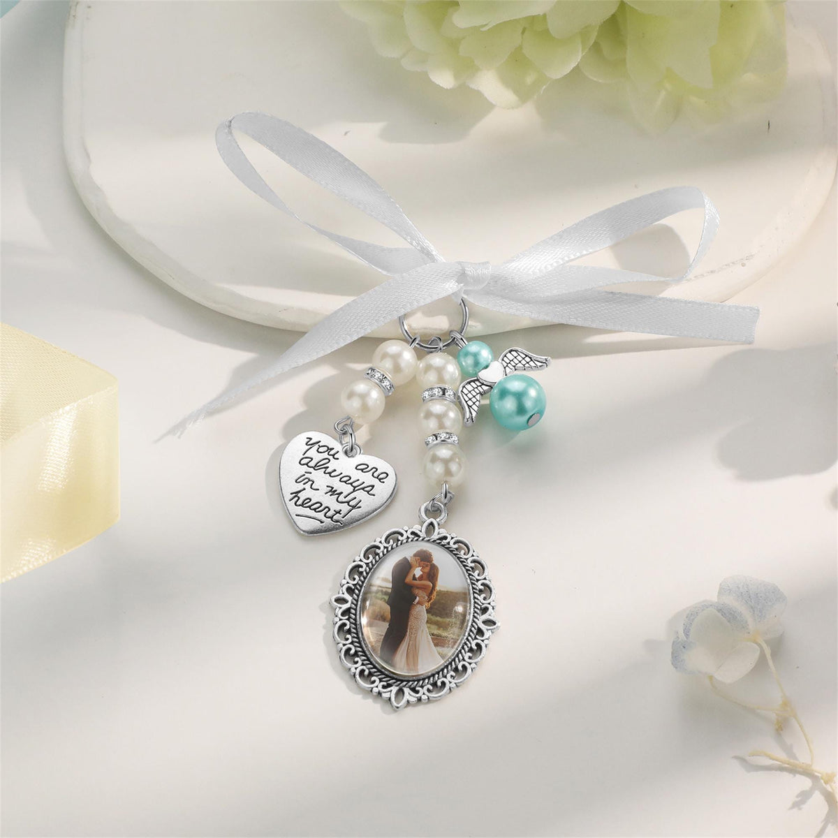 Personalized Bridal Bouquet Charm, Custom Photo Bouquet Pendant, Wedding Memorial Keepsake, Wedding Memorial Gifts For her, Wedding Favors