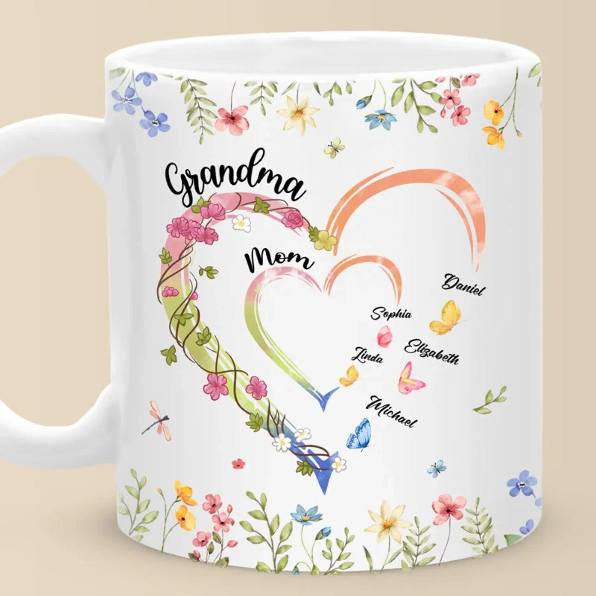 Custom Grandma Heart Mug, Grandma Mug, Grandma Heart With Kid Names Mug, Custom Grandma With Kid Names Mug, Mom and Grandma Mug