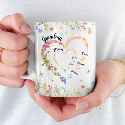 Custom Grandma Heart Mug, Grandma Mug, Grandma Heart With Kid Names Mug, Custom Grandma With Kid Names Mug, Mom and Grandma Mug