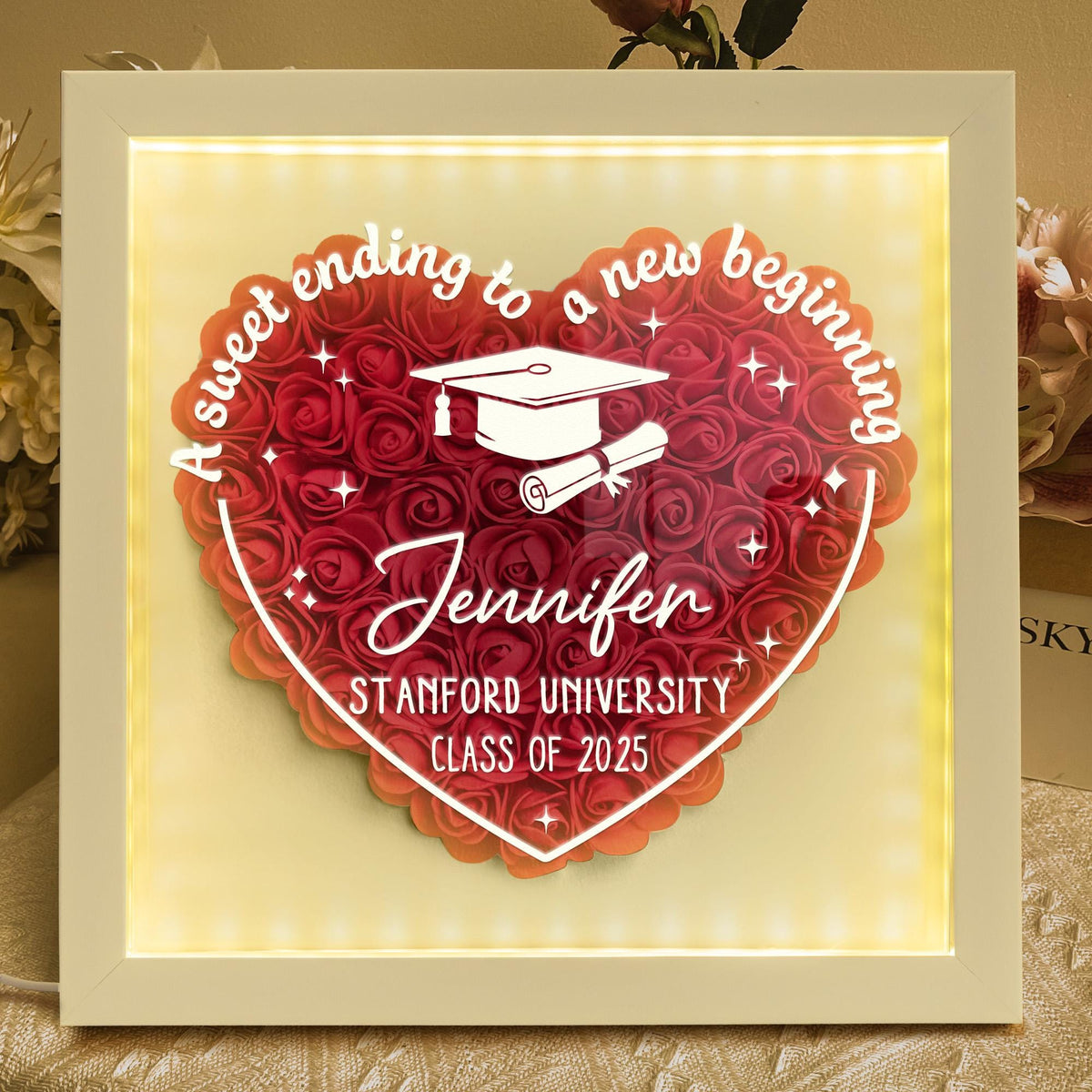 Sweet Ending To New Beginning - Personalized Flower Shadow Box With LED Light, Grad Gift For Her, Gift For Daughter, College Graduation