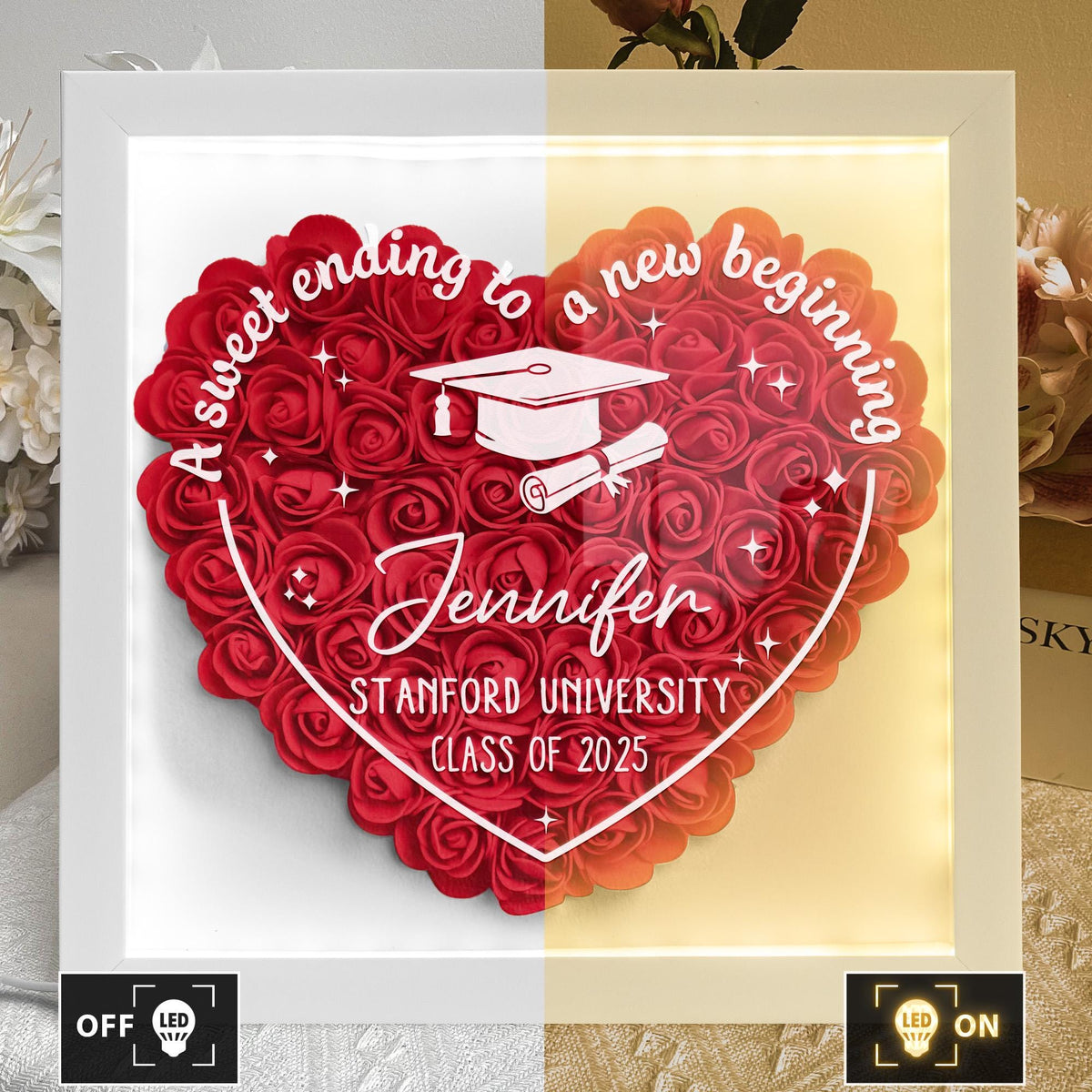 Sweet Ending To New Beginning - Personalized Flower Shadow Box With LED Light, Grad Gift For Her, Gift For Daughter, College Graduation