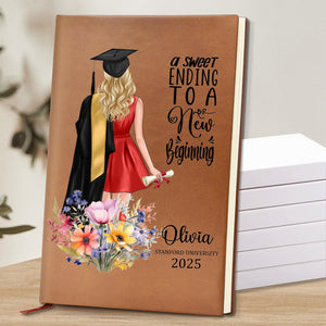 A Sweet Ending To A New Beginning, Personalized Leather Journal Daughter Class of 2025 College - PHD Graduation Gifts, Masters Degree Gifts