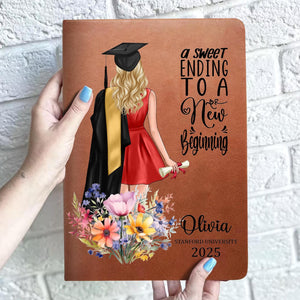 A Sweet Ending To A New Beginning, Personalized Leather Journal Daughter Class of 2025 College - PHD Graduation Gifts, Masters Degree Gifts