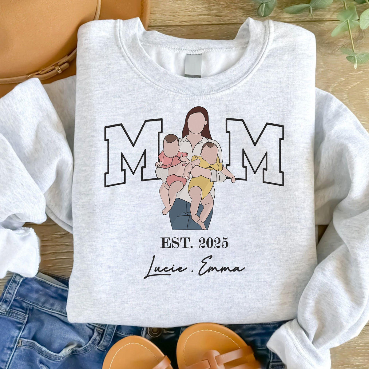 Mama with Photo, Custom Hoodie Mama and Kids Portrait, Custom Shirt For Mom Mama Mommy