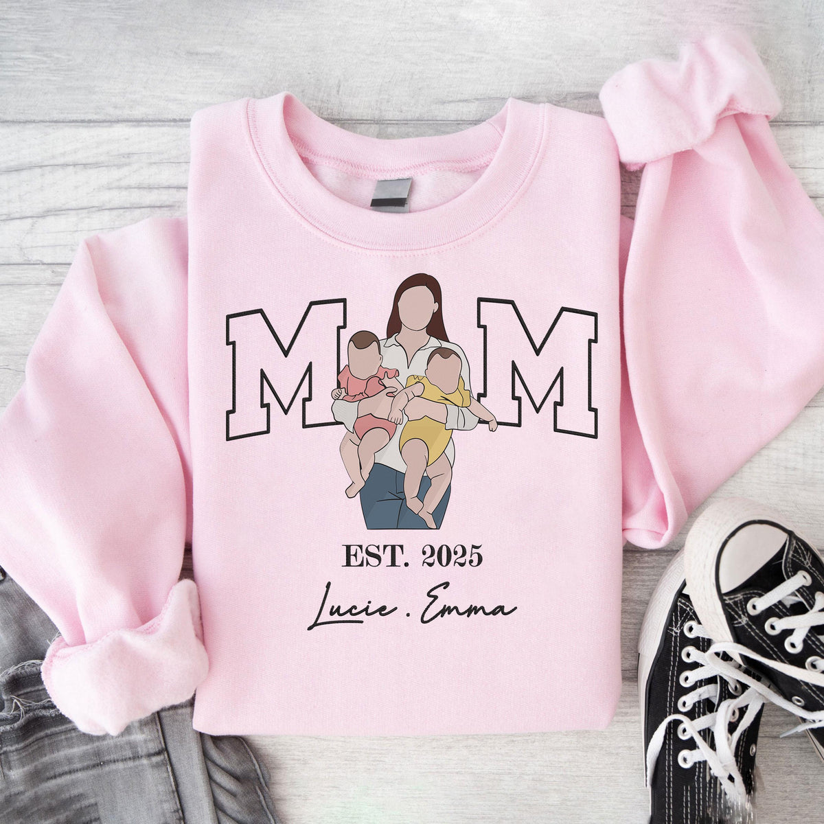 Mama with Photo, Custom Hoodie Mama and Kids Portrait, Custom Shirt For Mom Mama Mommy